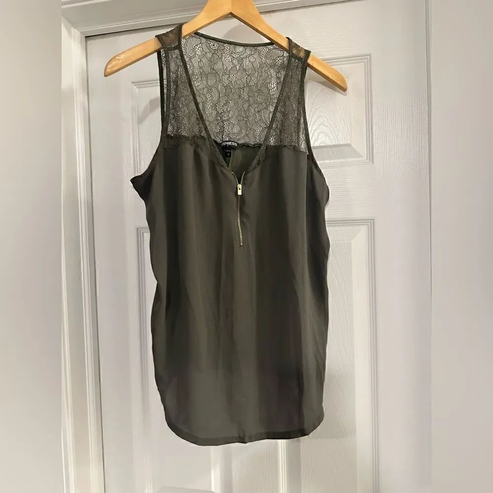 Express army green tank top with lace neckline size large